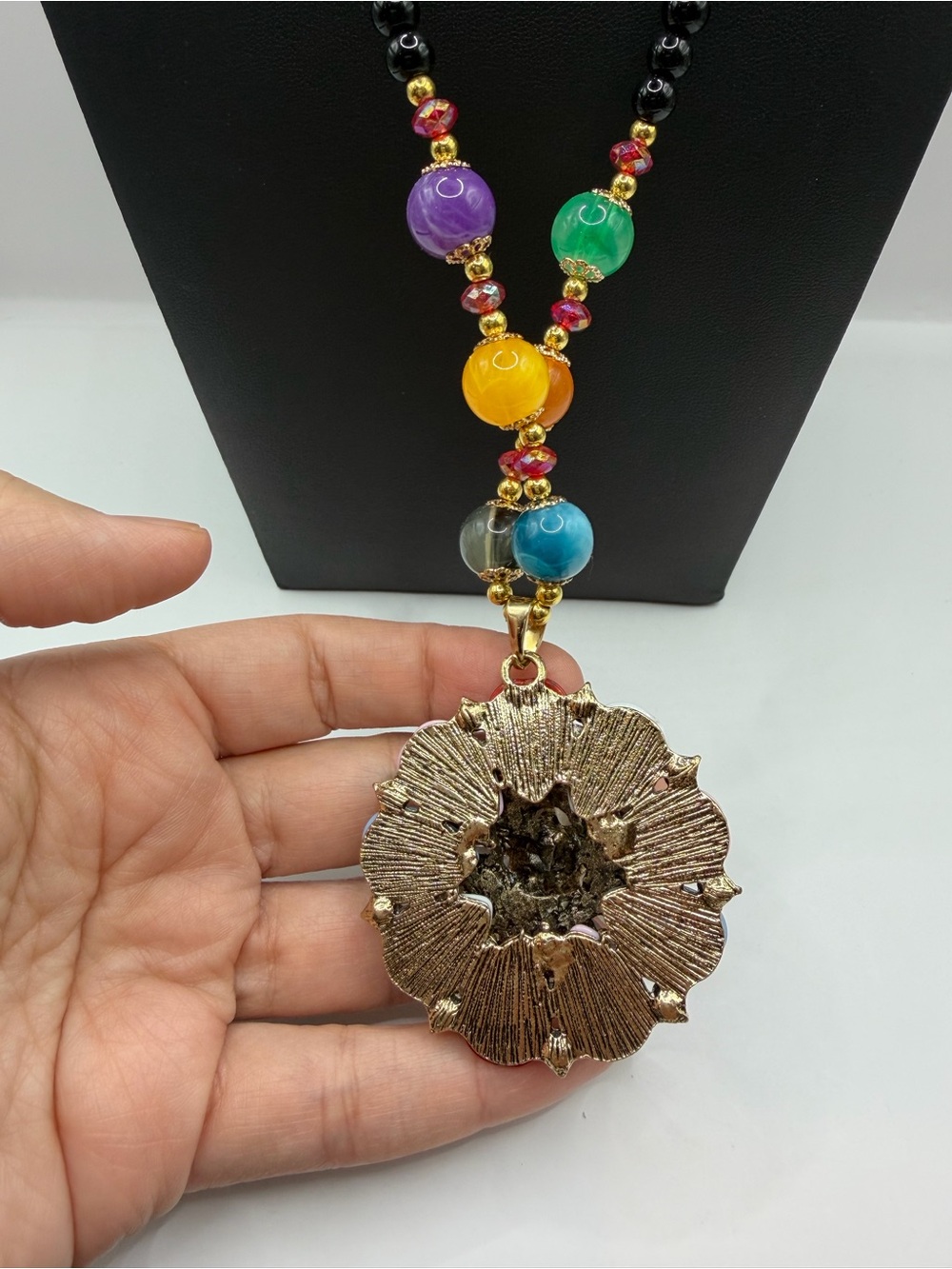 Boho Floral Medallion Necklace | Rainbow Beaded Hippie Statement Pendant - Picture 5 of 8